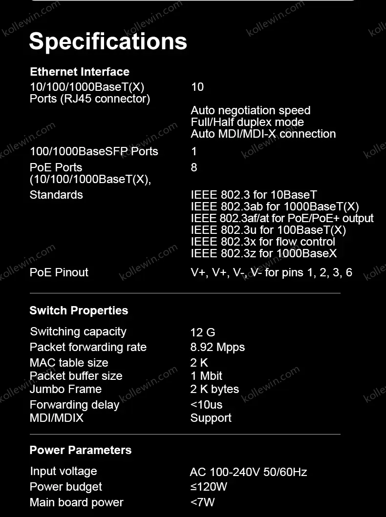 KeepLiNK 11-port full Gigabit unmanaged Ethernet switch with 8 IEEE 802.3af/at PoE+ Ports and 2 RJ45 & 1 SFP For Uplink