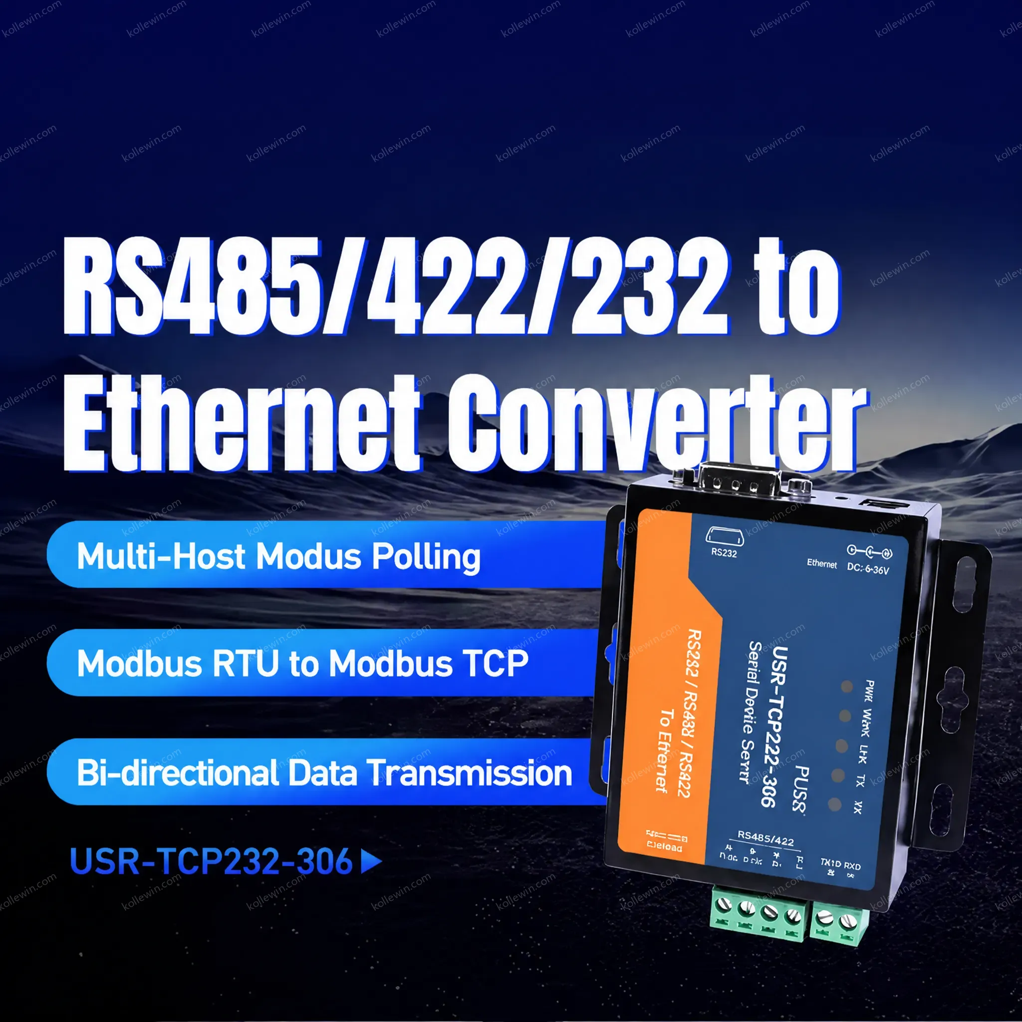 USR-TCP232-306 Serial Device Server RS232/RS485 RJ45 Converter Modbus Ethernet Gateway 600-230.4K Baud Rate 5-36V Power Supply