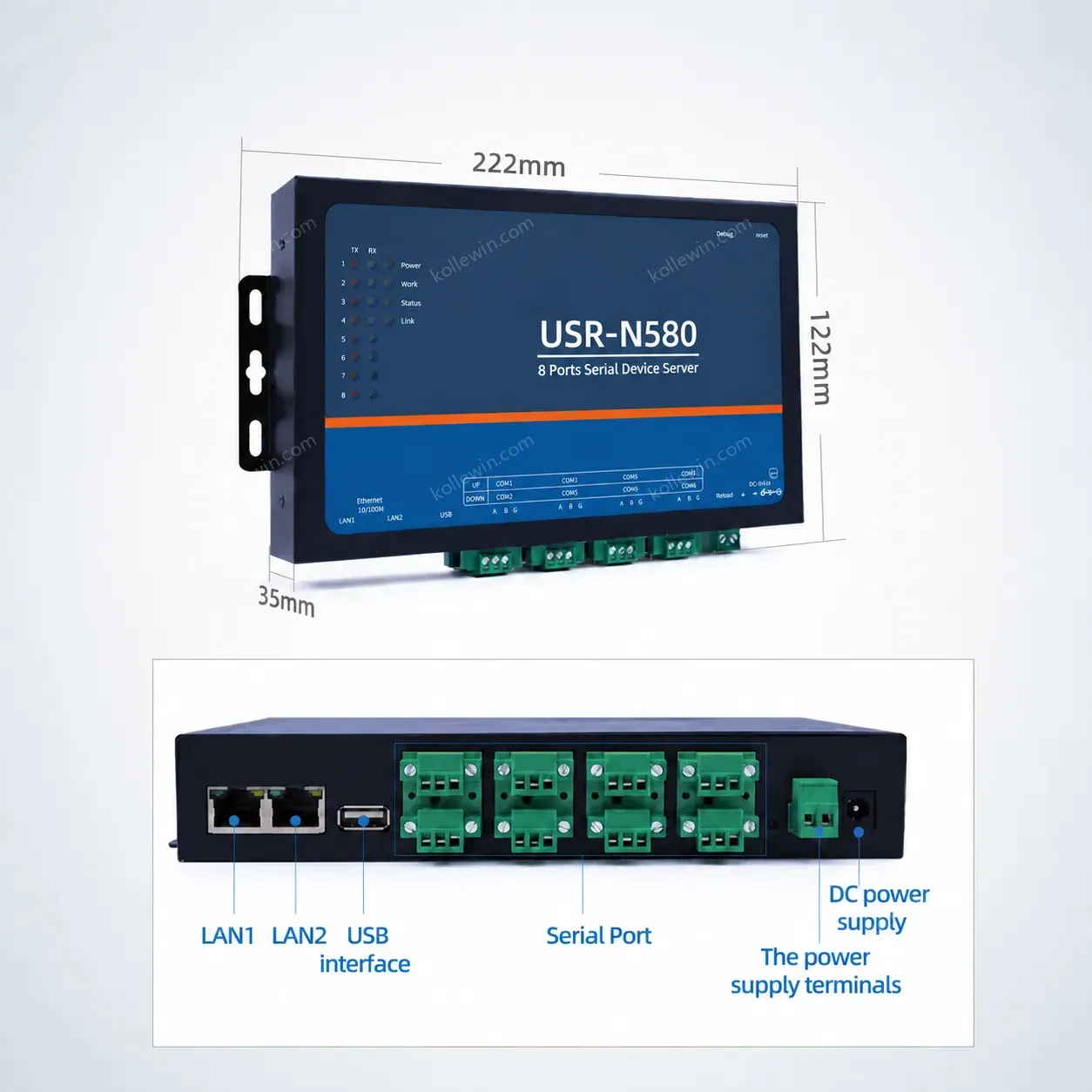 USR-N580 Serial Device Server 8 Ports RS485 Ethernet Converter Supports SSL/TLS MQTT Modbus Gateway Cloud Edge Computing 2-Year