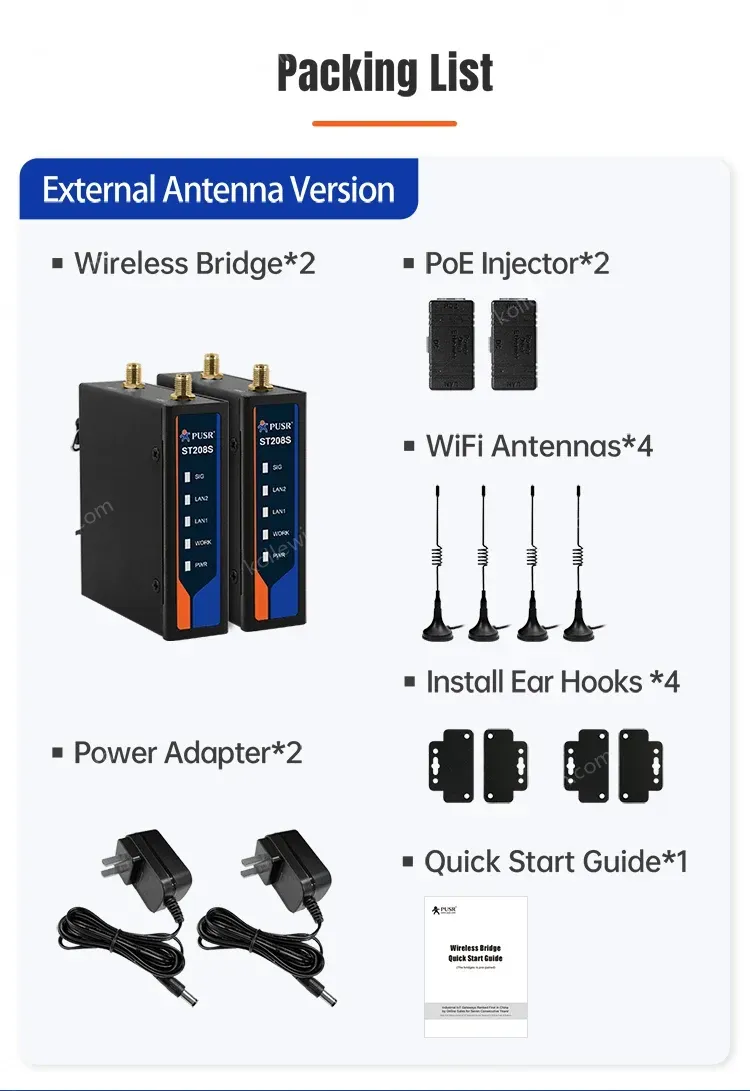 PUSR Industrial 2.4GHZ Point to Point 500m Wireless Bridge WiFi AP Repeater Router for PLC Qualcomm Plug and Play 2-Pack ST208s