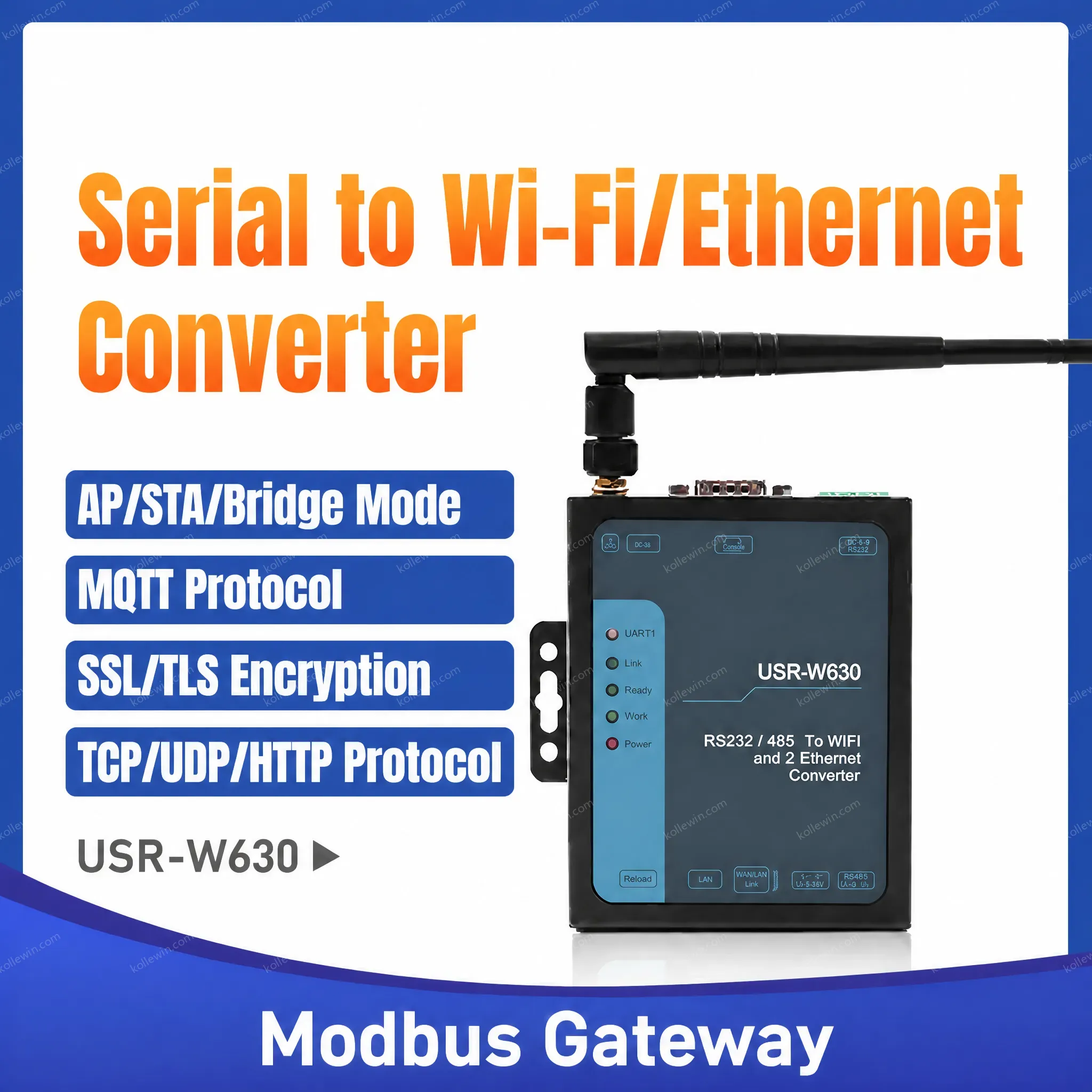 USR-W630 Industrial Serial To WiFi and Ethernet Converter, Two Ethernet ports, RS232 RS485