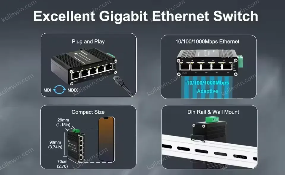 Gigabit Switch 5 Port 10/100/1000Mbps Industrial Unmanaged Ethernet Switch 5 Port Din Rail With 1 Port RJ45 Uplink