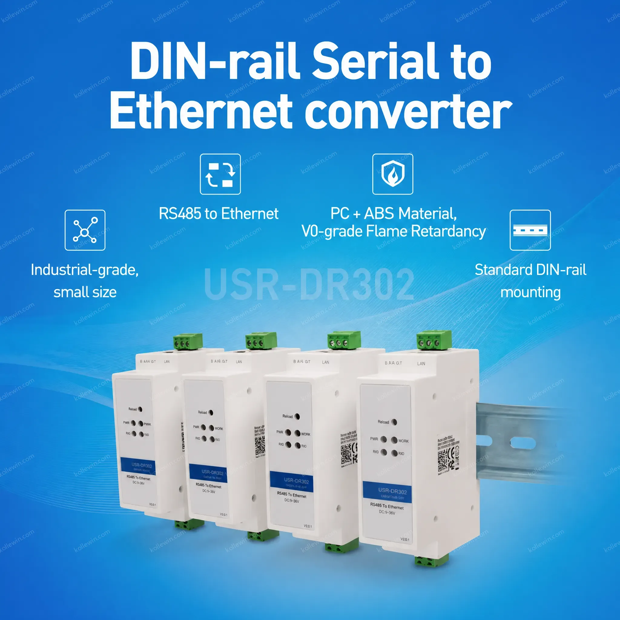 USR-DR302 Din-rail Modbus RTU to TCP RS485 Serial to Ethernet Converter DC5-36V RJ45 10/100Mbps CE/FCC Certified IP30