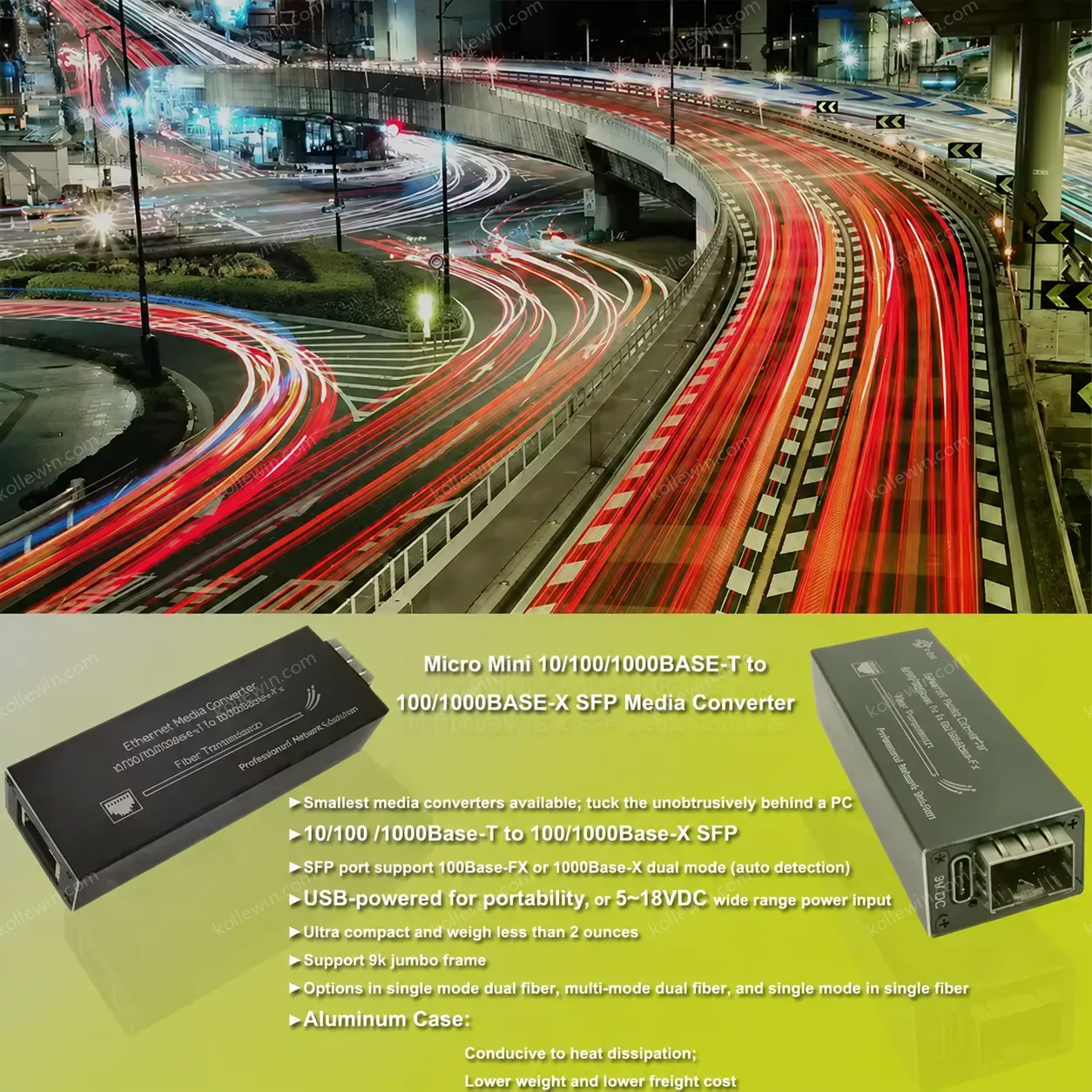 Micro Mini 10/100/1000BASE-T to 100/1000BASE-X SFP Media Converter Aluminum Case Including Power Supply
