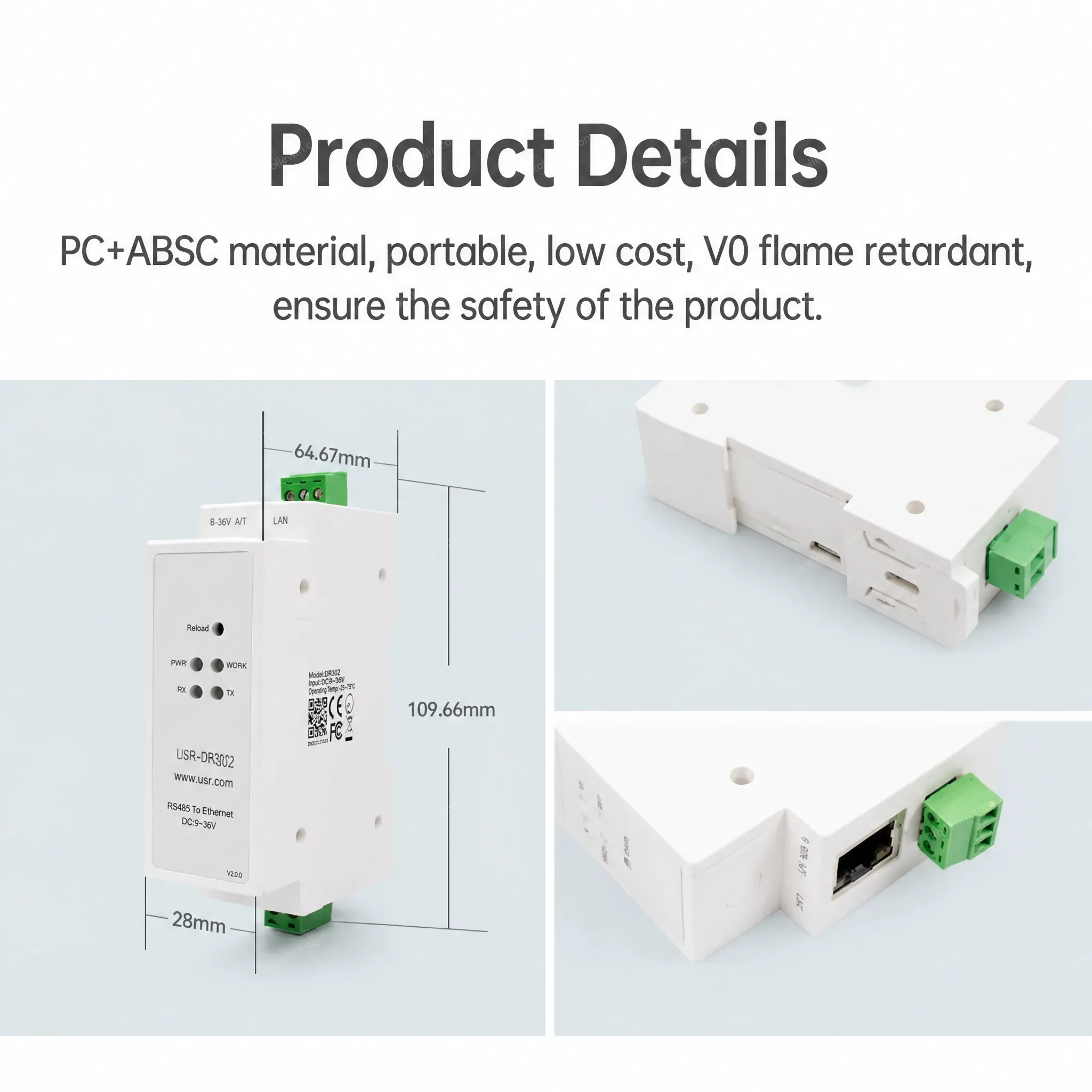 USR-DR302 DIN-RAIL Modbus RTU Ethernet to RS485 Converter Supports Modbus Polling Modbus Gateway