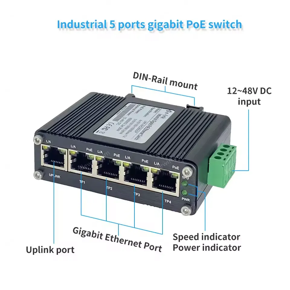 Mini Industrial 4 Port 10 100 1000BASE T 802.3at PoE + 1 Port 10 100 1000T Ethernet Switch
