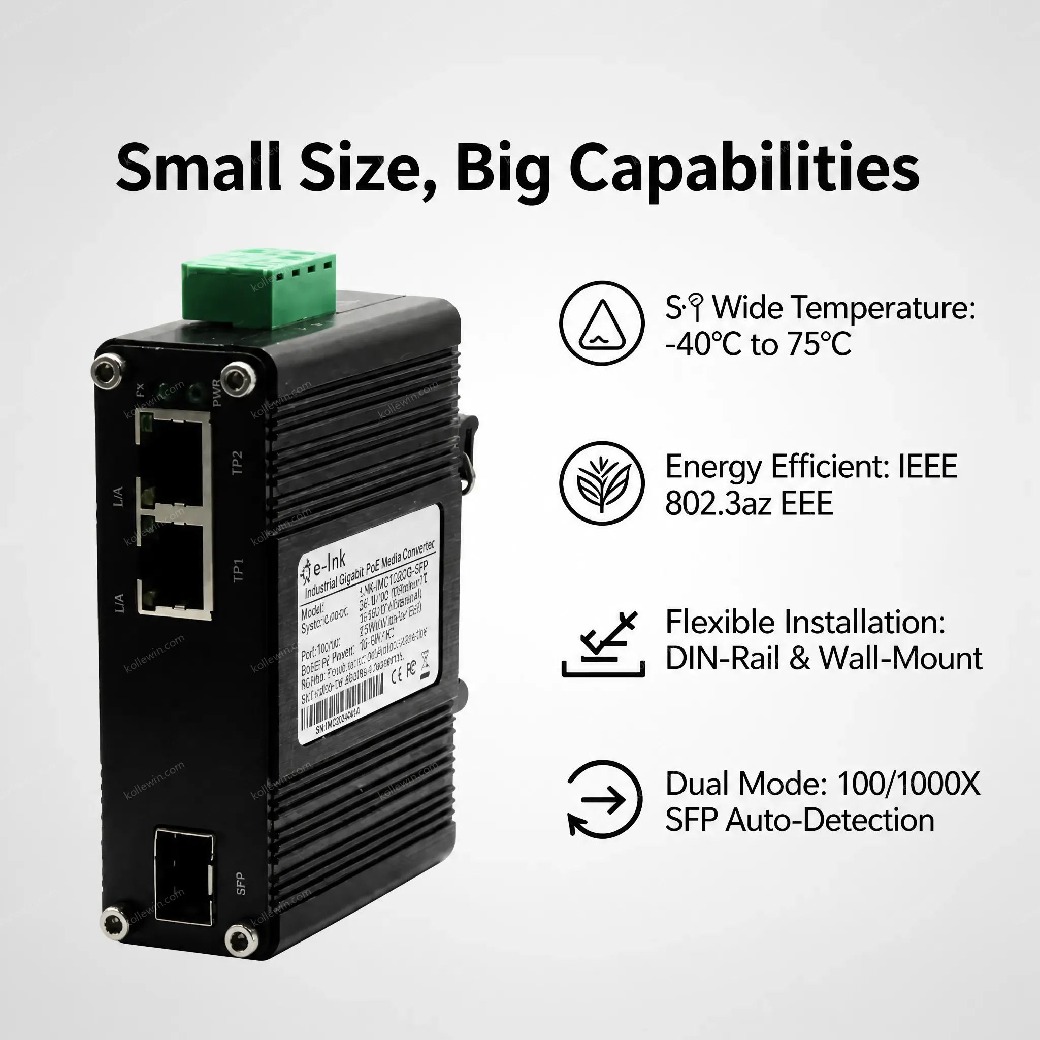 Industrial SFP Media Converter Gigabit 12~48VDC 1-Port 100/1000X SFP to 2-Port 10/100/1000T