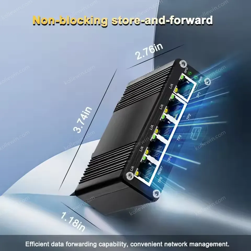 Industrial Managed 5-Port Gigabit Ethernet Switch, Web GUI, VLAN/QoS, -40°C to 80°C, Smart Managed, IP40 Metal Case