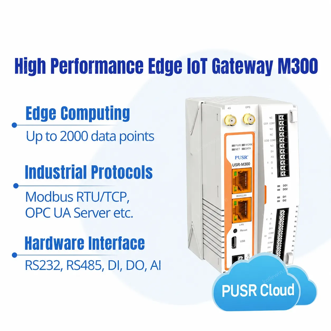 PUSR USR-M300 Edge IoT Gateway High Performance up to 2000 Data Points Node-RED Low-code Programming for M2M/IoT Applications