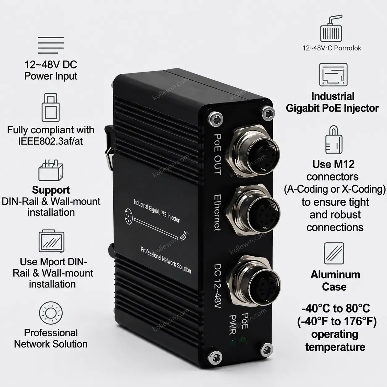 Industrial Grade M12 Gigabit PoE Injector EN50155 Compliant for Railway Vehicle Applications