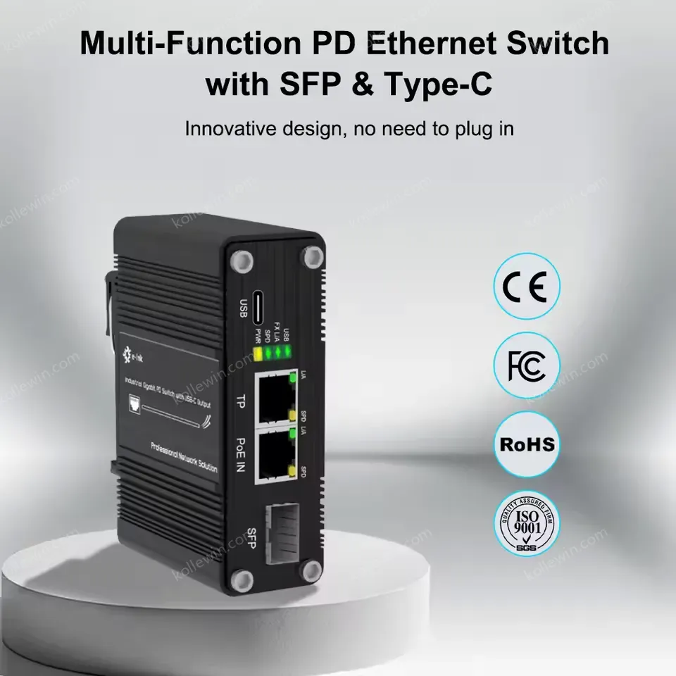 Industrial PD Ethernet Switch with Type-C USB Port PoE Powered Gigabit SFP Fiber with IP40 Case