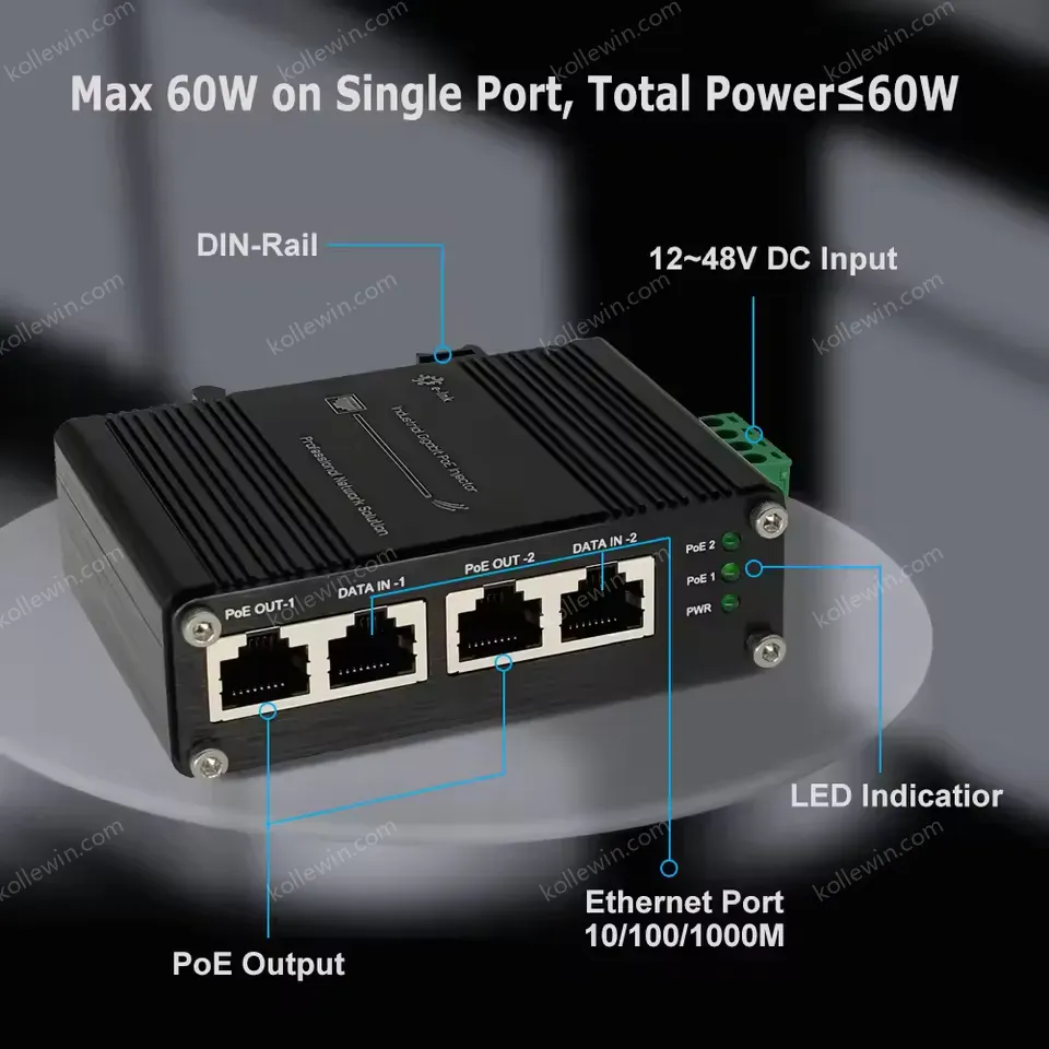Hardened Gigabit PoE+ Injector 12 to 48VDC Support IEEE802.3at for Network Devices Reliable Performance