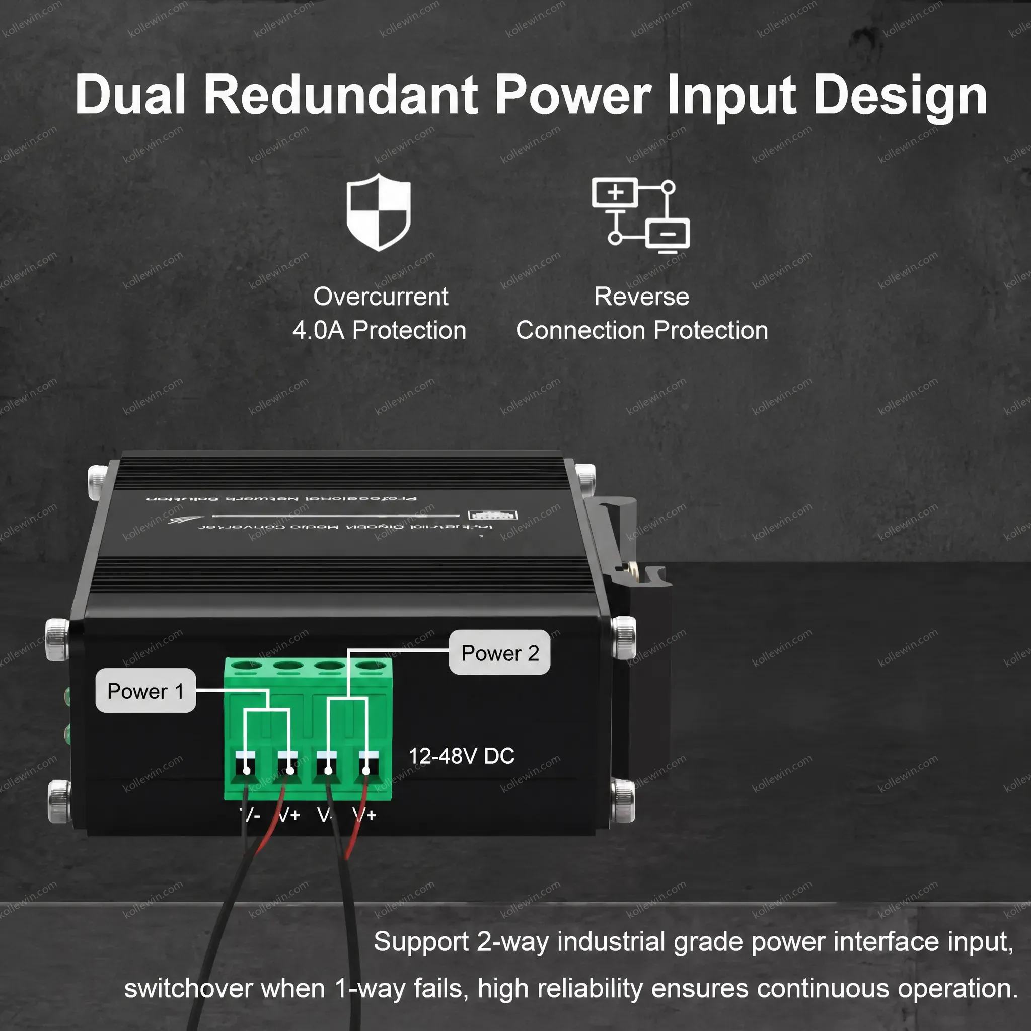 Mini Industrial Media Converter Gigabit Fiber to RJ45 12-48VDC, DIN-Rail Mount, -40°C to 75°C