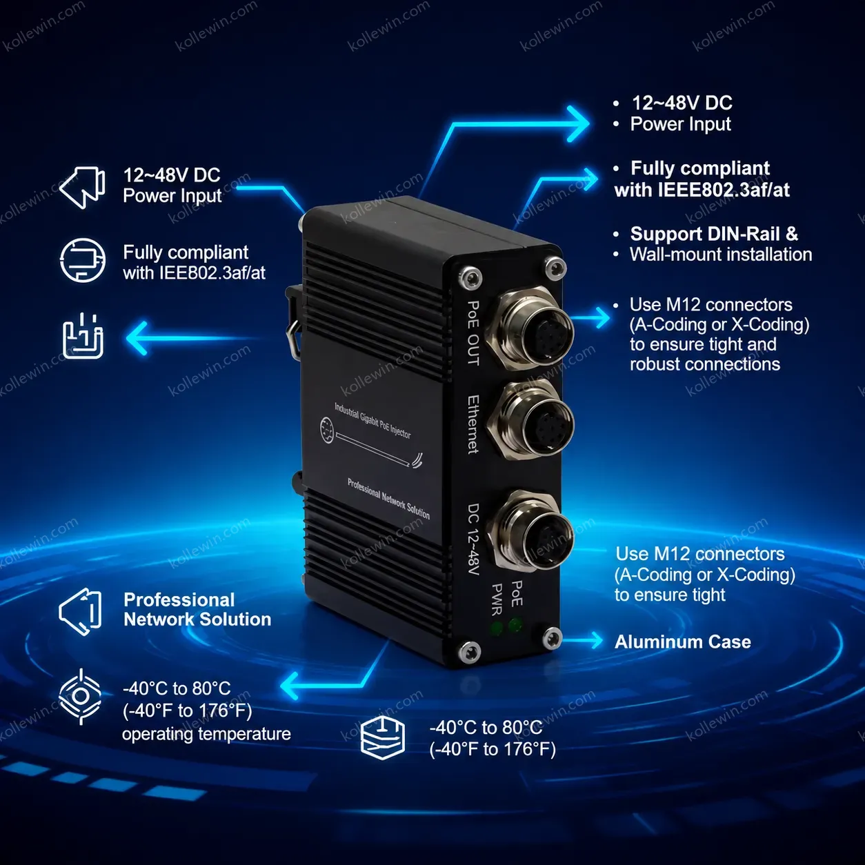 Industrial Grade M12 Gigabit PoE Injector EN50155 Compliant for Railway Vehicle Applications