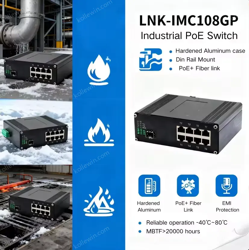 E-link 8-Port Gigabit PoE+ 20 Gbps Industrial Ethernet Switch 100/1000Base-X SFP Aluminum Wall Mount for IP Camera WAP Network