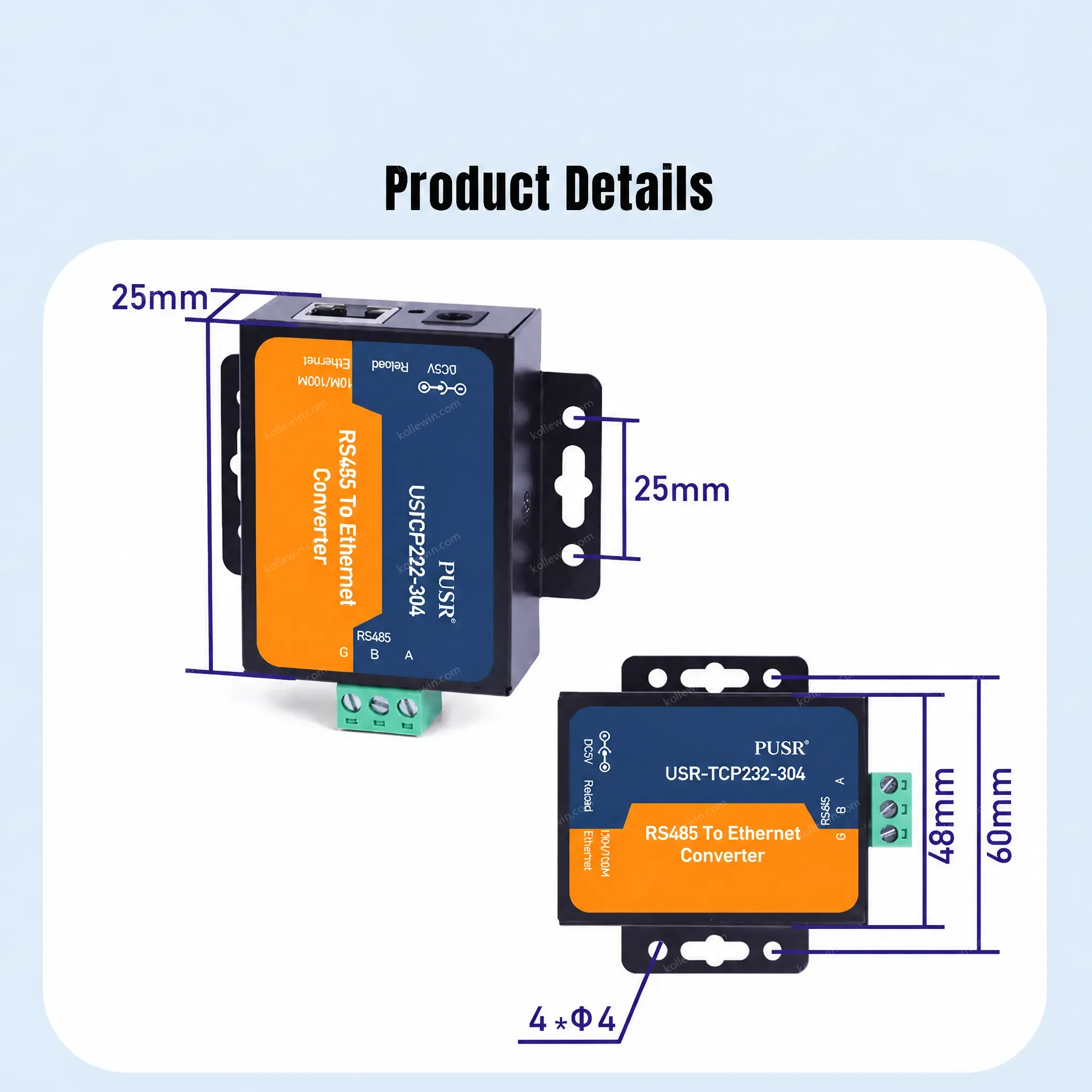 USR-TCP232-304 TCP/IP Serial Converter Built-in Webpage Command Config Software RS485 Ethernet CE ROHS FCC Certified 2-Year