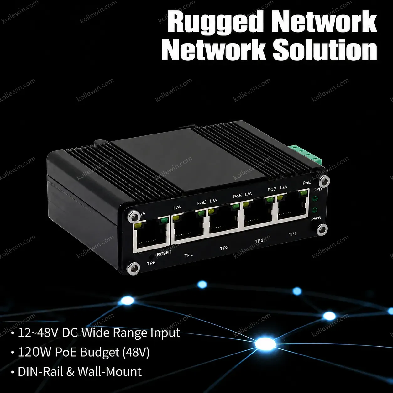 Mini Industrial Managed 5-Port Gigabit PoE+ Switch with 1 Uplink Port 120W PoE Budget with Wide Voltage Input 12-48VDC