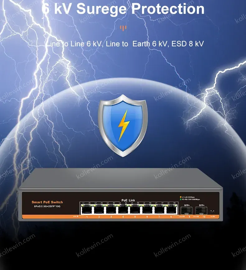 KeepLiNK 10-port Multi-gigabit unmanaged Ethernet switch with 8 x IEEE 802.3af/at PoE+ Ports and 2 x 10Gb SFP+ For Uplink