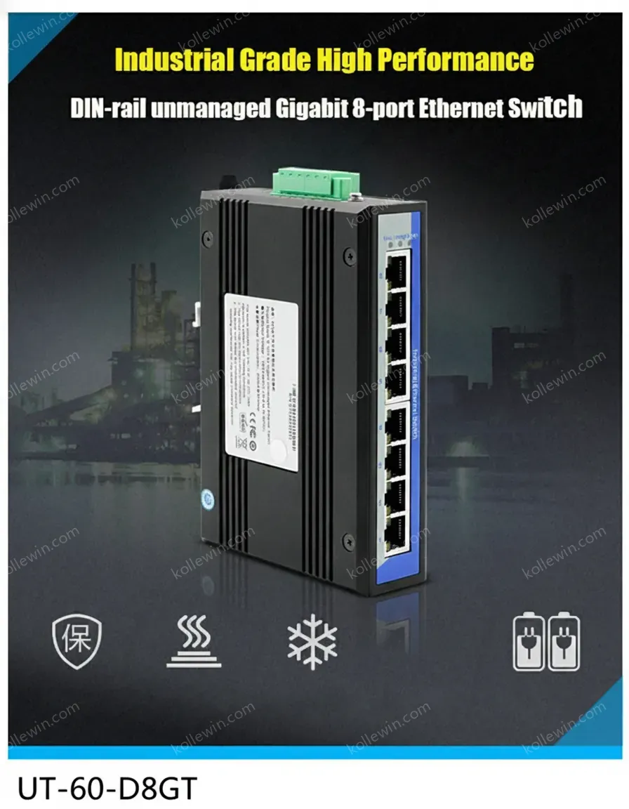 UOTEK 1000M UT-6408GC Industrial Ethernet Switch 8-Port RJ45 Network Unmanaged DIN-Rail Full/Half Duplex Gigabit Plug & Play