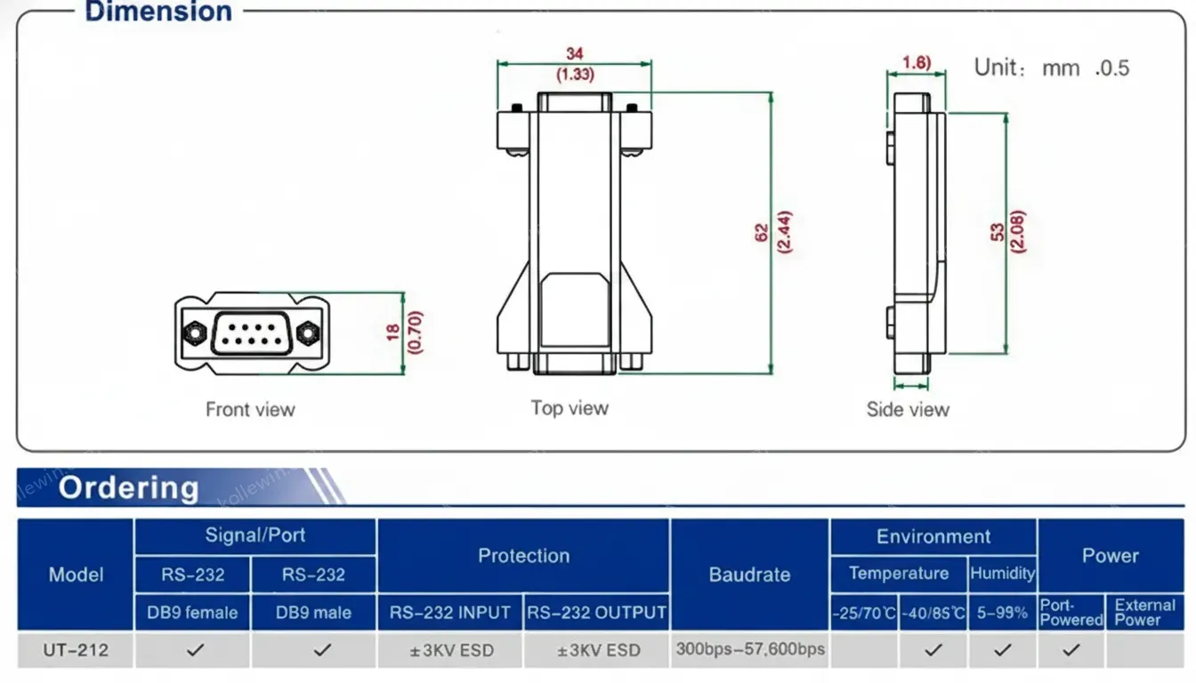 UOTEK 2pcs RS232 Serial Extension Driver Converter Industrial Grade RS 232 Adapter UT-212 Extender Connector