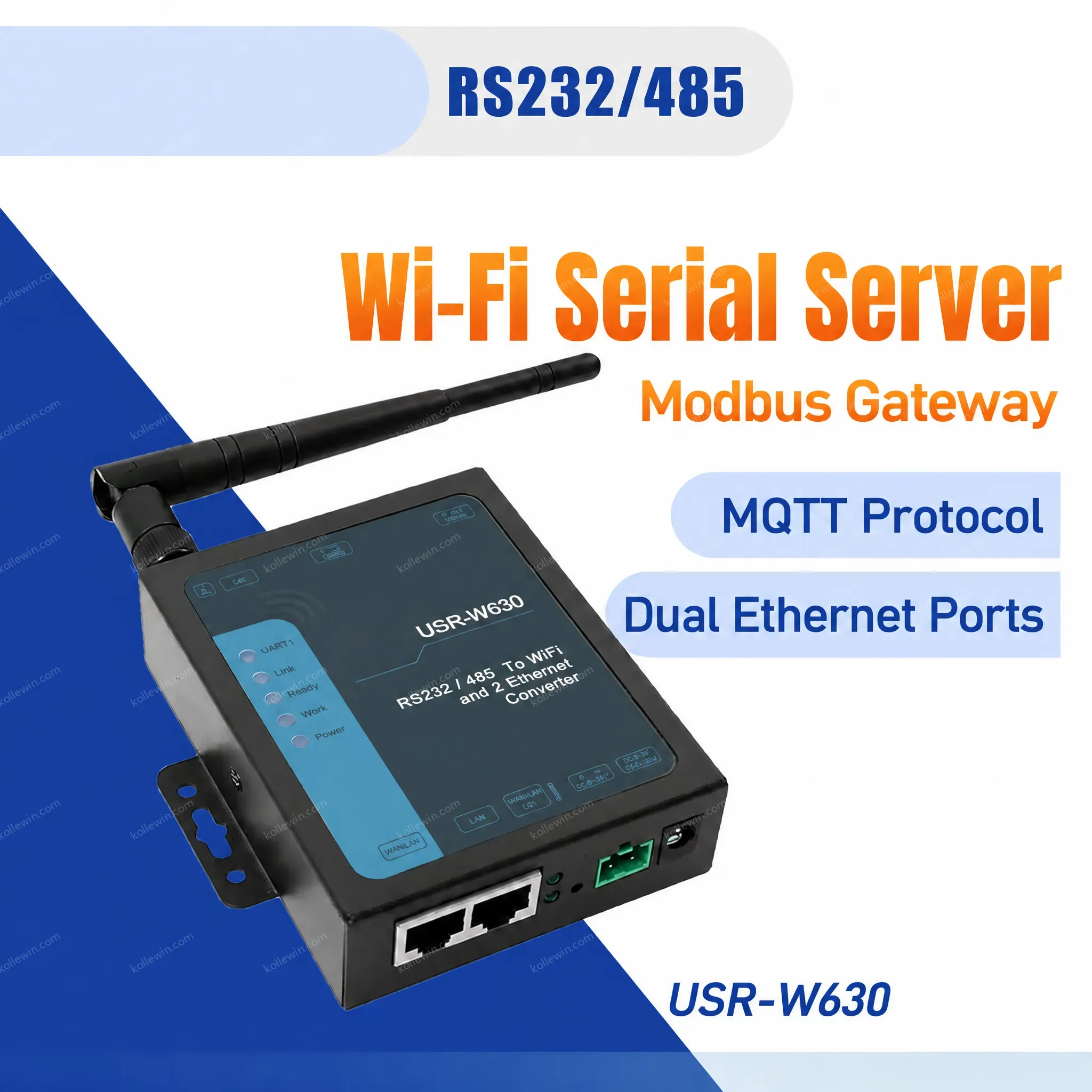 USR-W630 Industrial Serial To WiFi and Ethernet Converter, Two Ethernet ports, RS232 RS485