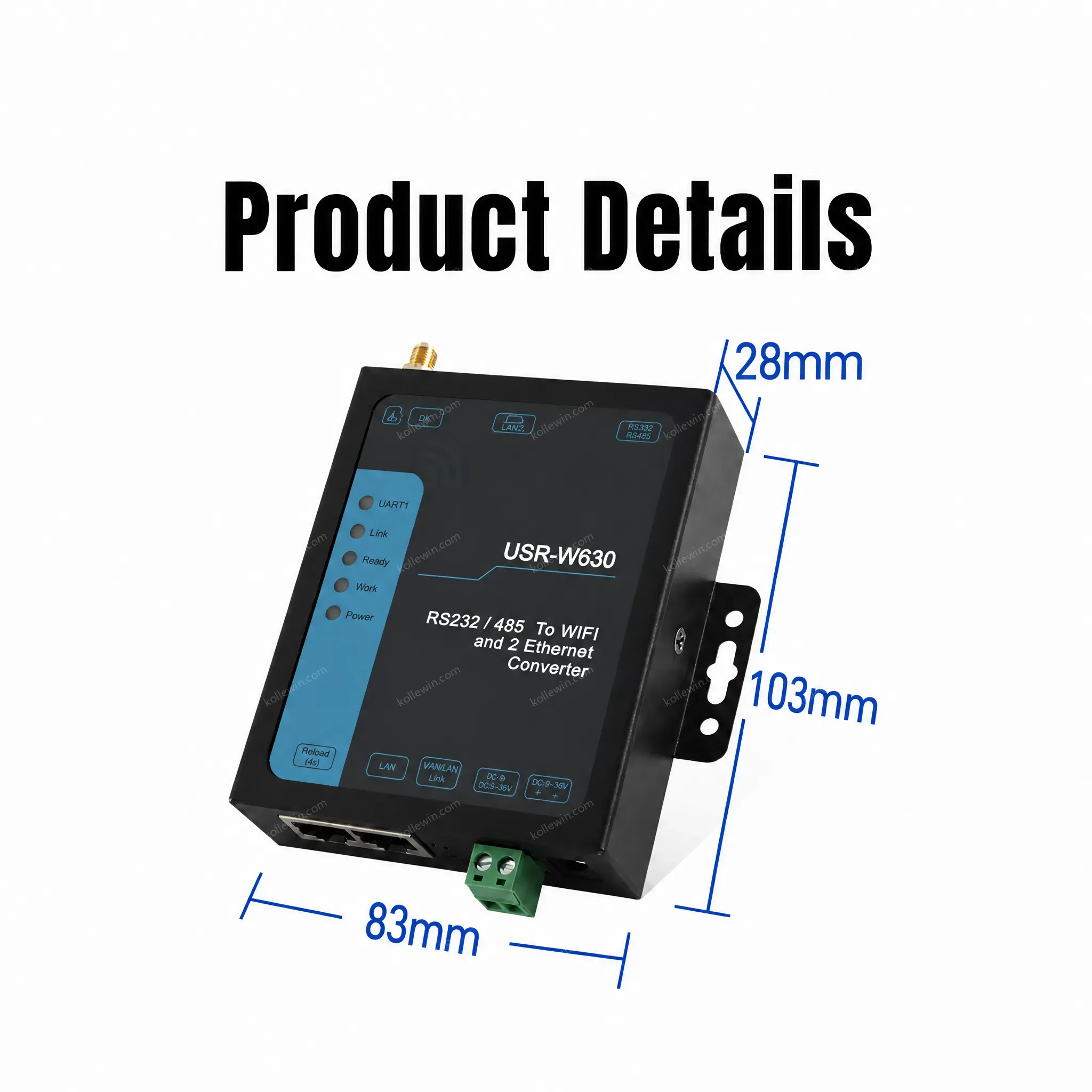 USR-W630 Industrial Serial To WiFi and Ethernet Converter, Two Ethernet ports, RS232 RS485