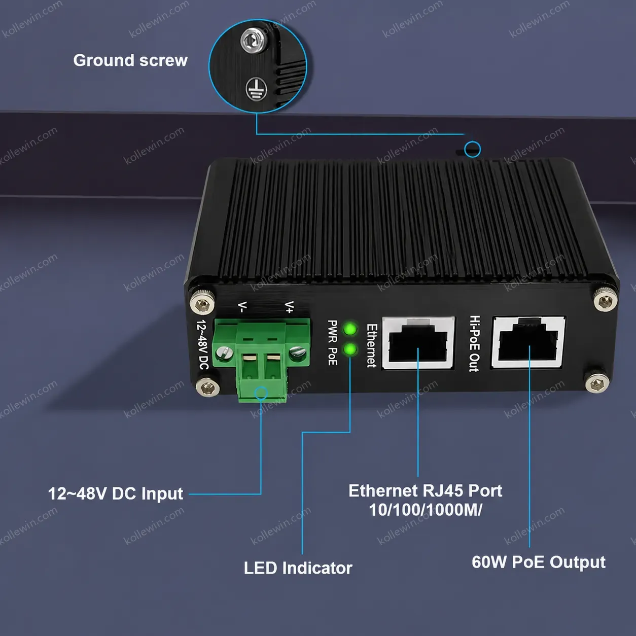 Industrial 60W PoE Injector Gigabit 10/100/1000Mbps Support 802.3af/at 12 to 48VDC Input