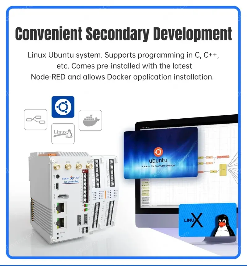 PUSR Fanless Industrial Mini PC RK3562J 4GB DDR4 Linux Ubuntu 20.04 Modbus PLC 2Eth WiFi 4G/5G RS232 RS485 CAN Computer EG628