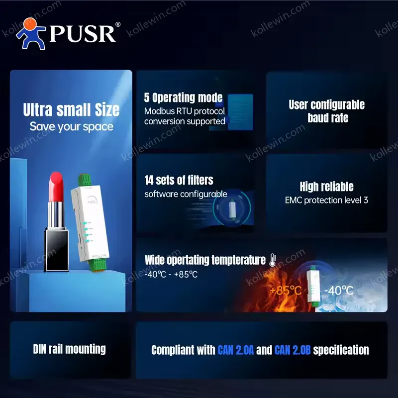 PUSR Lipstick Serial CAN Converter Supports Data Communication Conversion RS232/RS485 CAN USR-CAN114/112 Rail Mounting DC5-24V