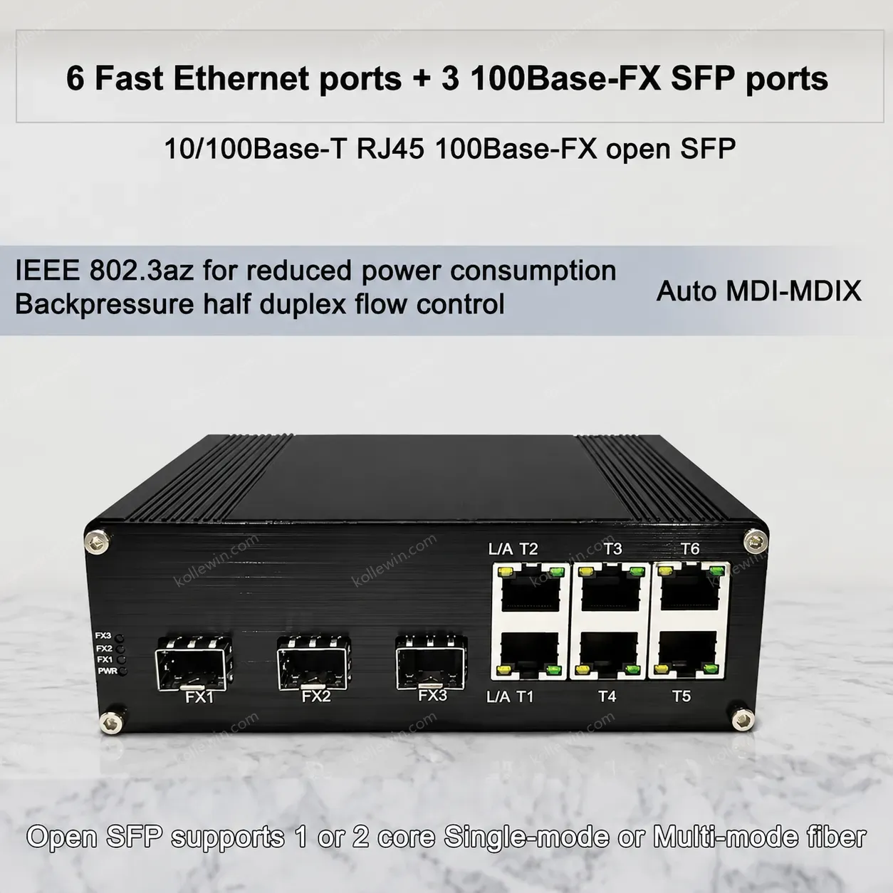 Fast Ethernet Fiber Extension Industrial Switch Supports up to 20km Over Single/Multi-mode Fiber 6+3 Ports Supports SC/FC/ST/SFP