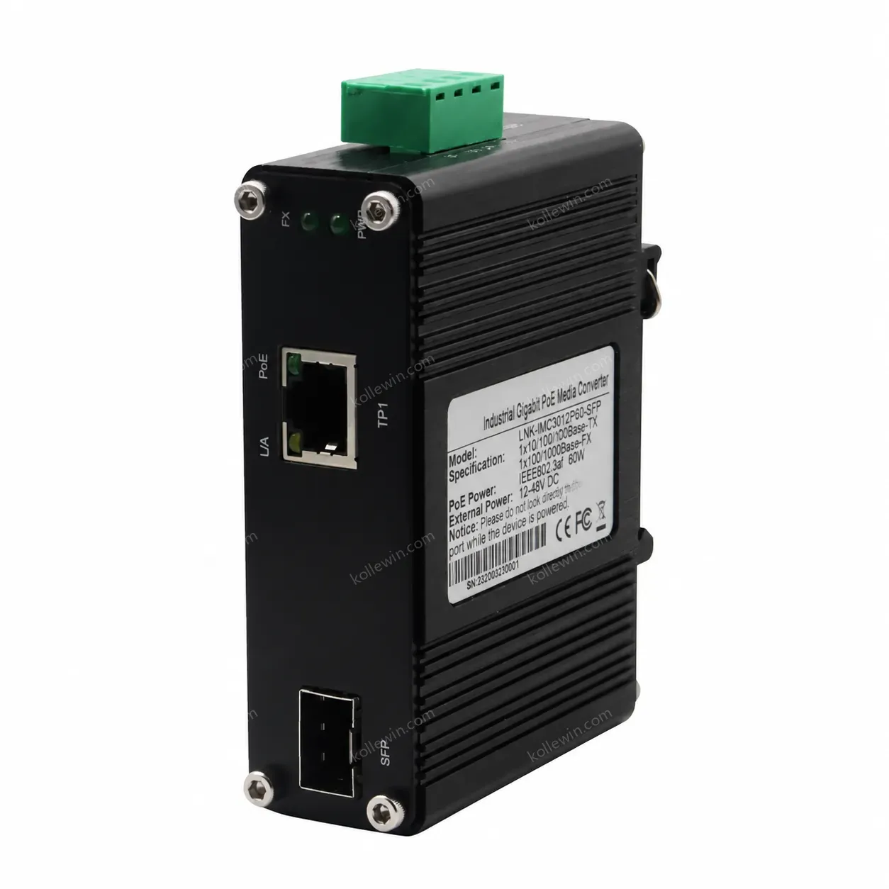 Mini Industrial Media Converter Gigabit Fiber to RJ45 12-48VDC, DIN-Rail Mount, -40°C to 75°C