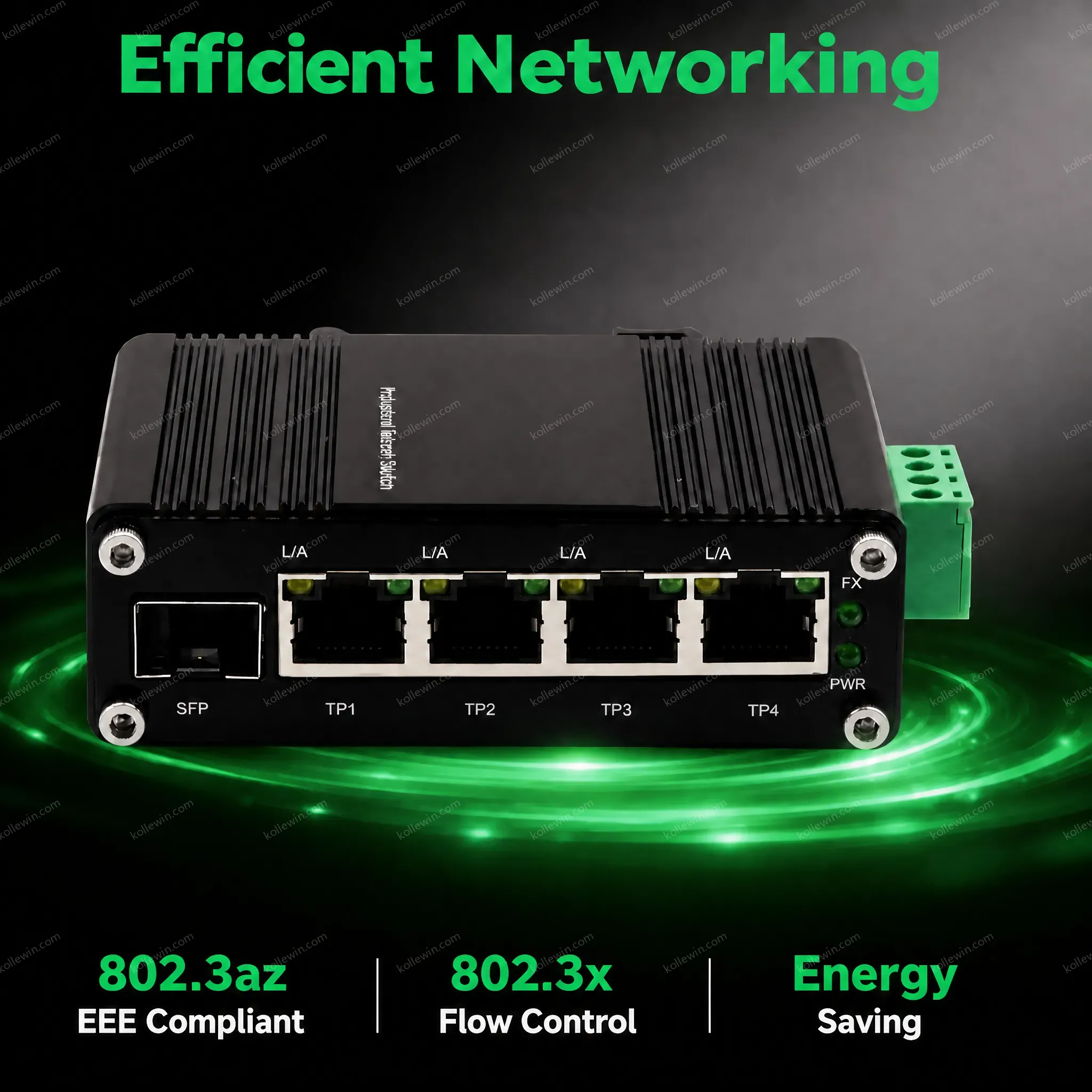 Industrial Gigabit Ethernet Switch IP40 Aluminum Housing Operates -40°C to 80°C with 12-48VDC Wide Voltage Input