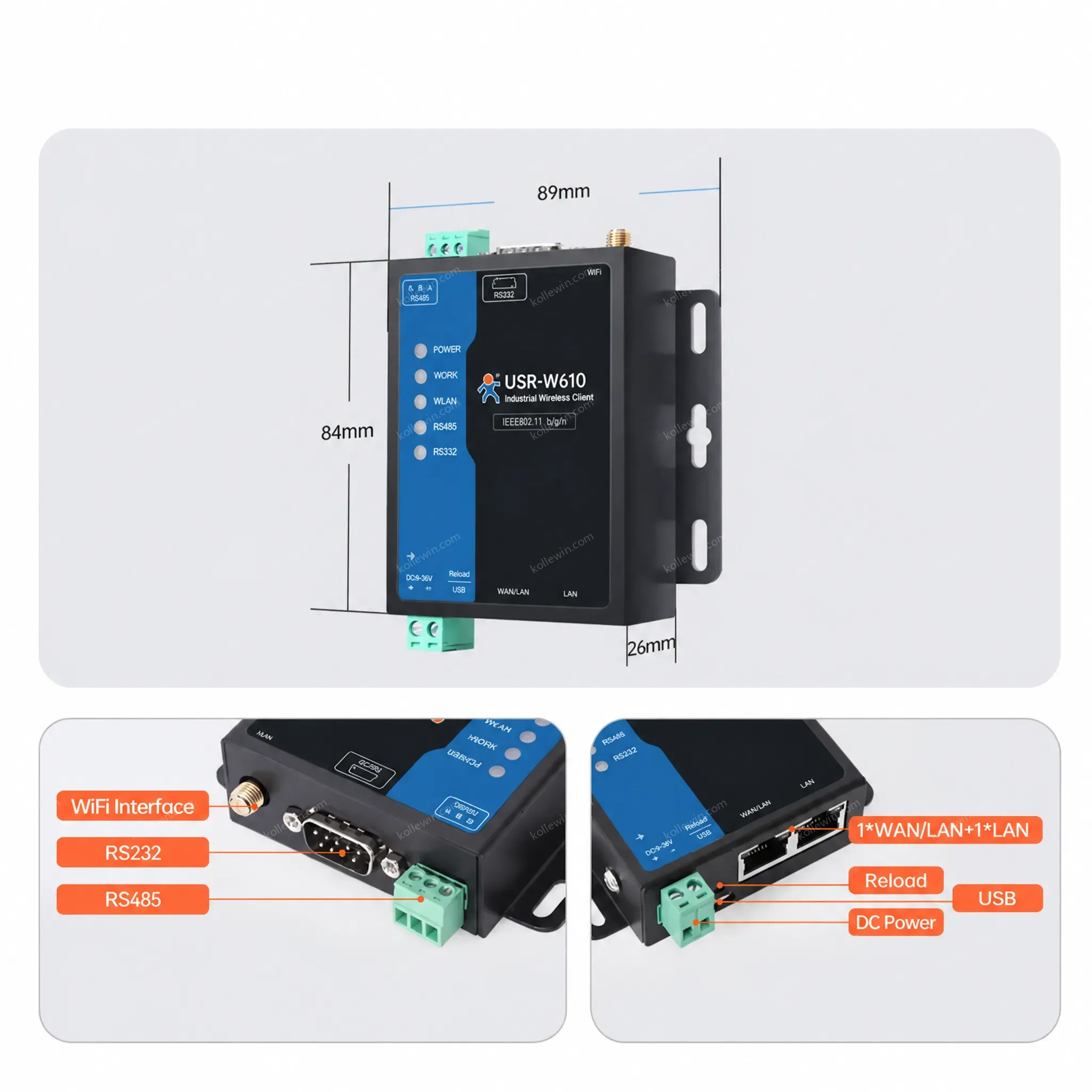 PUSR Serial RS485 RS232 to WiFi Converter Modbus Rtu to TcP Industrial Wireless WiFi Clients USR-W610 (Qualcomm Version)