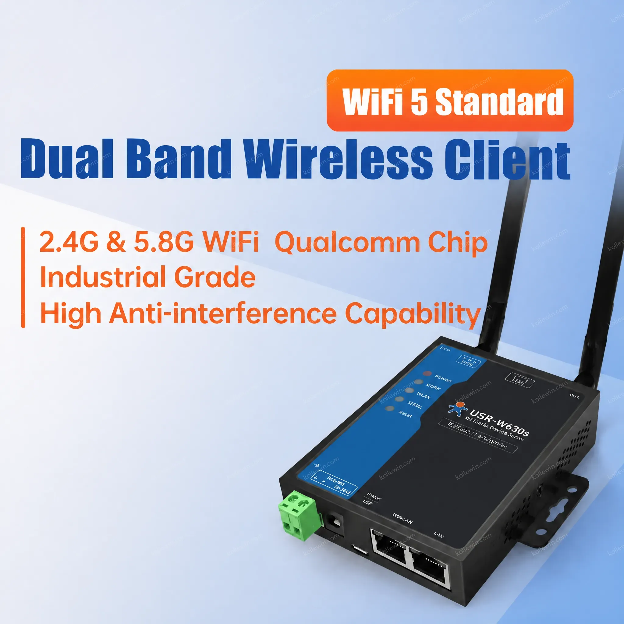 PUSR RS232 RS485 to WiFi Converter with Qualcomm Chip Supporting Dual Band 2.4GHz/5GHz MQTT Industrial IoT USR-W630s