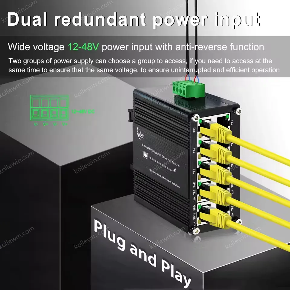 Mini Industrial 1000T 8-Port 802.3at PoE 12~48V DC Unmanaged 10 Ports Network Ethernet Switch up to 240-watt PoE Budget