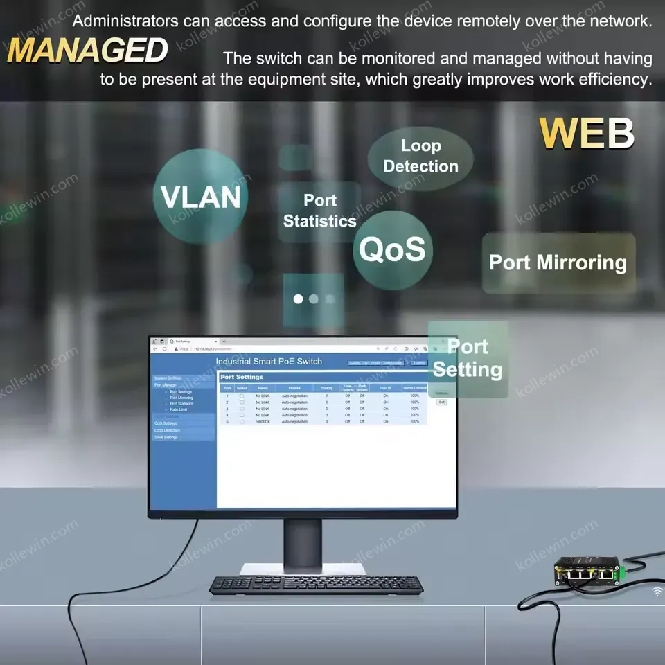 Industrial Managed PoE+ Switch with VLAN/QoS/Port Mirroring, 4x 30W Ports, 120W Budget, Web GUI, -40°C to 80°C, 12-48VDC Input