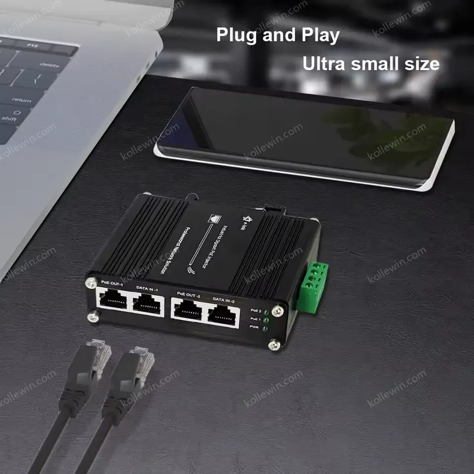 12~48V DC Power Input Industrial 2-Port Gigabit PoE+ Injector for CCTV Surveillance System PoE Camera Wireless AP