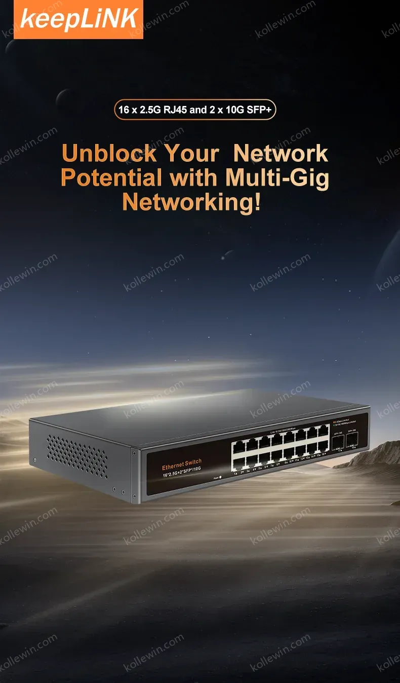 KeepLiNK 18-Port Multi-Gigabit Unmanaged Network Switch 16 X 2.5Gb Ethernet + 2 X 10Gb SFP+ for High-Speed Data Networking