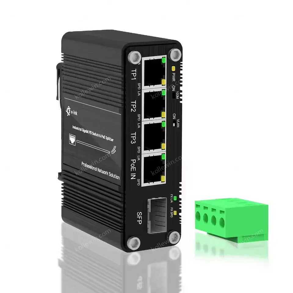 Gigabit PoE PD Adapter with SFP Fiber Uplink and 5-24VDC Power Output Function Rugged IP40 Metal Housing