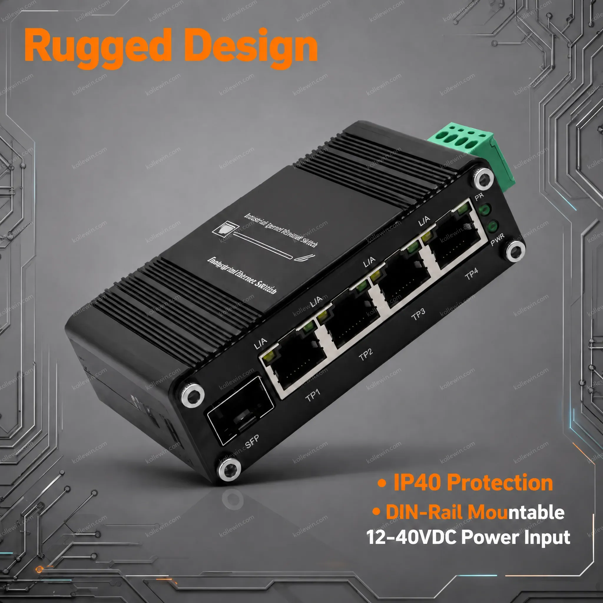 Industrial Gigabit Ethernet Switch IP40 Aluminum Housing Operates -40°C to 80°C with 12-48VDC Wide Voltage Input