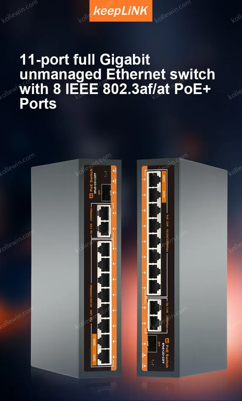 KeepLiNK 11-port full Gigabit unmanaged Ethernet switch with 8 IEEE 802.3af/at PoE+ Ports and 2 RJ45 & 1 SFP For Uplink