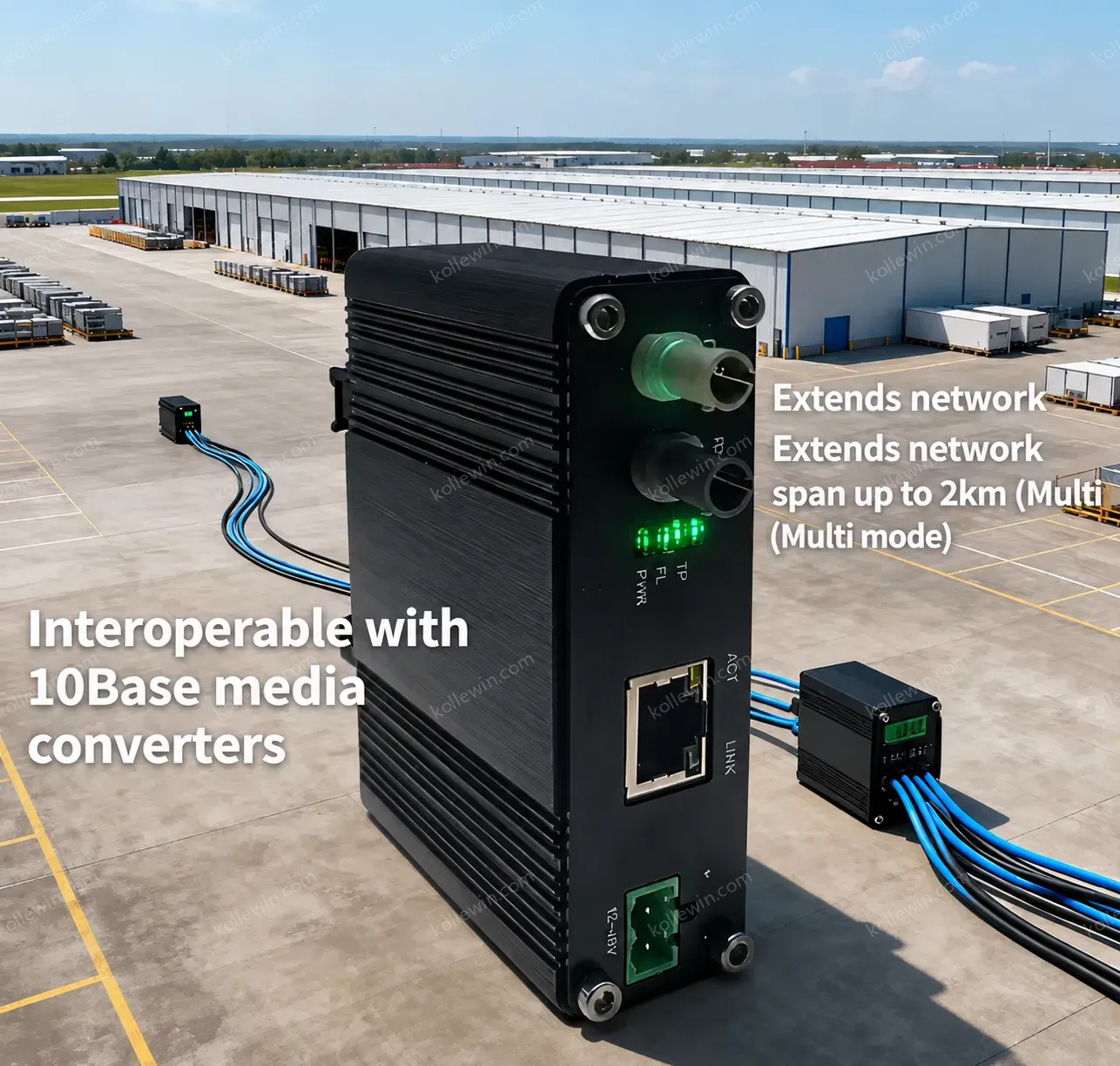 Industrial 10M Ethernet Media Converter 10BASE-T to 10BASE-FL ST, 2km Multi-Mode, 12-48V DC, -40~75°C for Harsh Environment