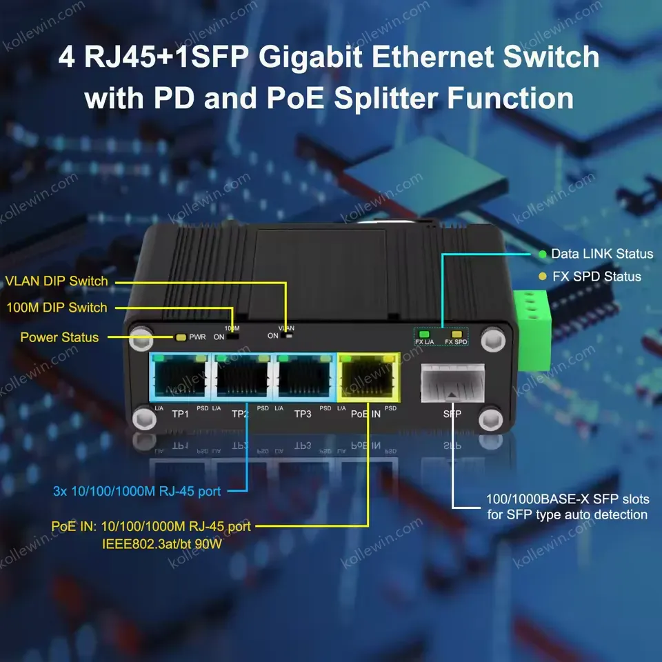 Mini Hybrid Ethernet Adaptor PoE Powered 4xRJ45 Ports & 1xSFP Fiber Port with PoE Splitter Function