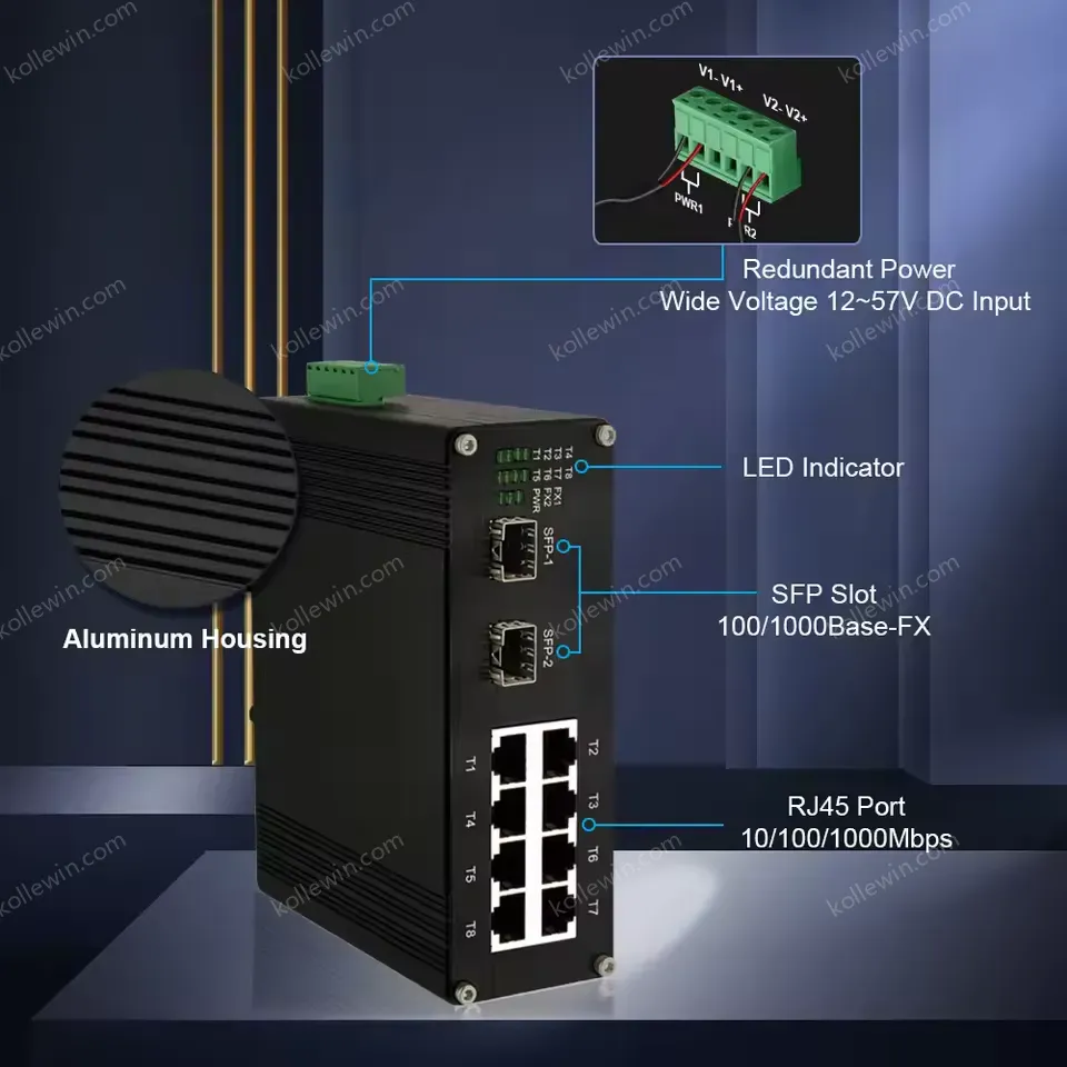 8+2 Port Industrial Ethernet Switch with 2 SFP, IP40 Rating, DIN-rail Mount 12~58VDC, Gigabit