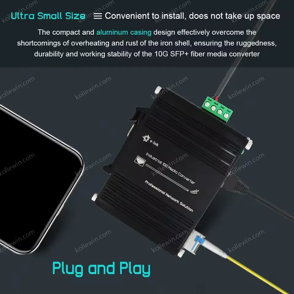 Mini Industrial 10G SFP+ Media Converter for Multi-Gigabit Copper to Fiber with PoE+ and DIN-Rail