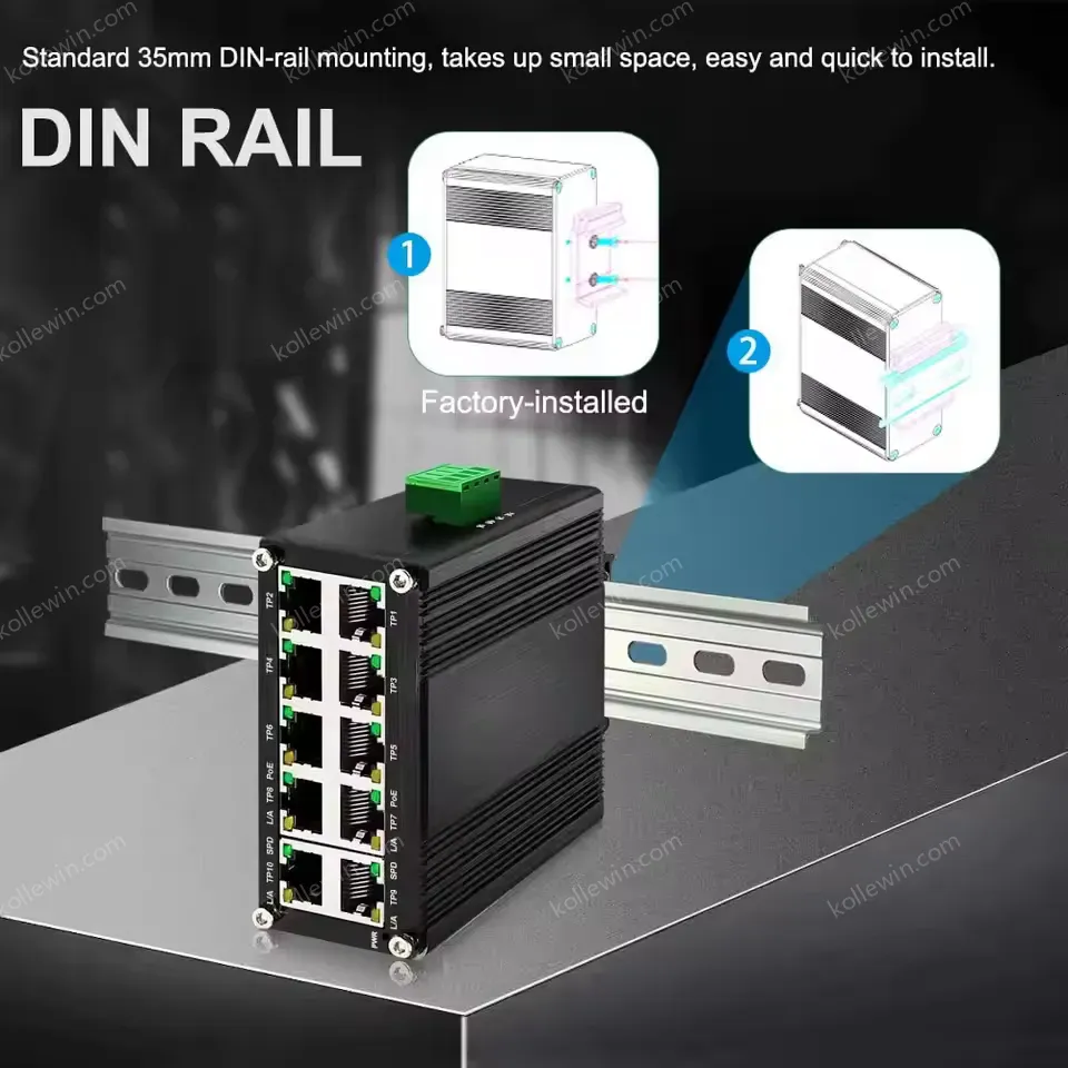 Mini Industrial 1000T 8-Port 802.3at PoE 12~48V DC Unmanaged 10 Ports Network Ethernet Switch up to 240-watt PoE Budget