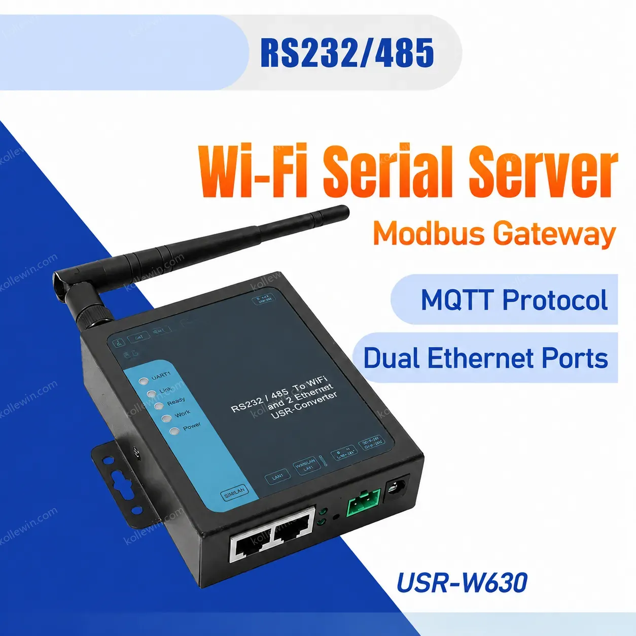 USR-W630 Two Ethernet Ports,RS232 RS485, Industrial Serial to WiFi and Ethernet Converter
