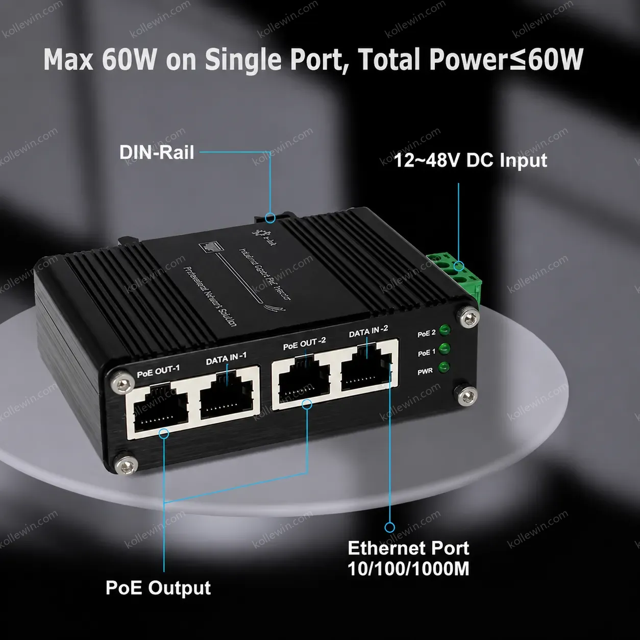 12~48V DC Power Input Industrial 2-Port Gigabit PoE+ Injector for CCTV Surveillance System PoE Camera Wireless AP
